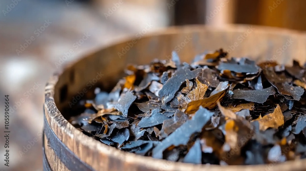 料理と健康のコンセプトのための素朴な設定で細かく刻んだ昆布のマクロのクローズアップ