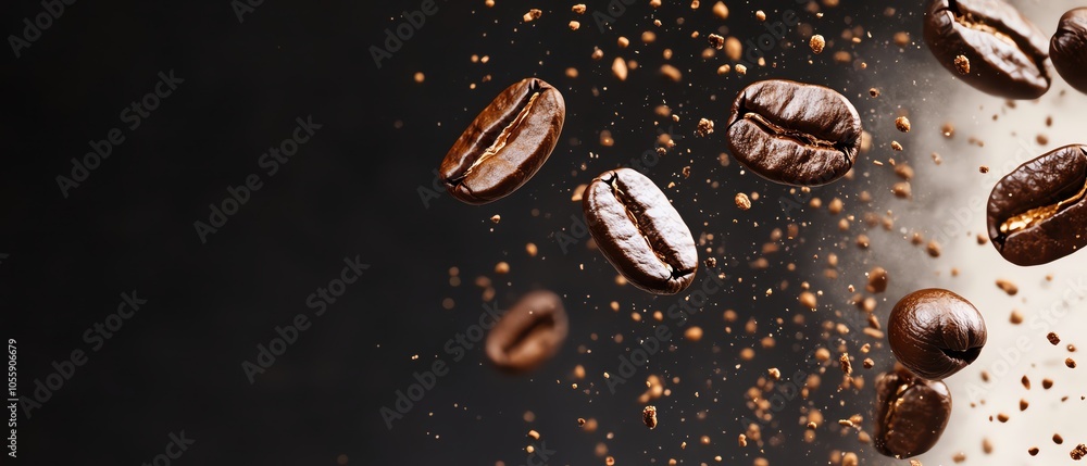 Coffee beans flying against a dark background, creating an energetic atmosphere. Coffee beans flying against a dark background, creating an energetic atmosphere.