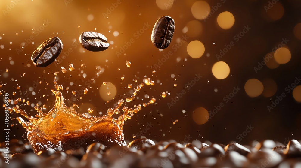 Coffee beans splashing into liquid on a shiny surface, warm bokeh background. Coffee beans splashing into liquid on a shiny surface, warm bokeh background.