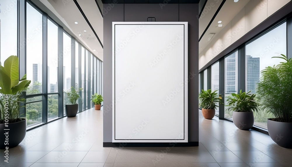 Vertical blank poster mockup in a modern office hallway with large windows and potted plants. Ai generative. Vertical blank poster mockup in a modern office hallway with large windows and potted plants. Ai generative.