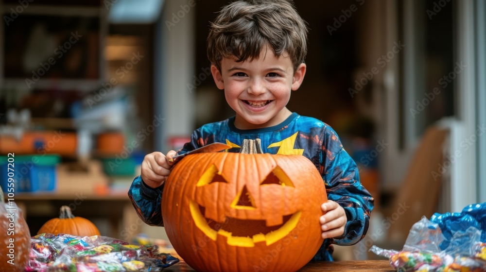 Fototapeta premium Joyful little boy in colorful costume carving a pumpkin for halloween fun