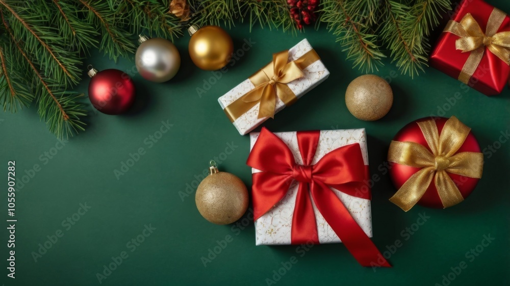 Green Christmas background with fir branches and decorations. with copyspace Green Christmas background with fir branches and decorations. with copyspace