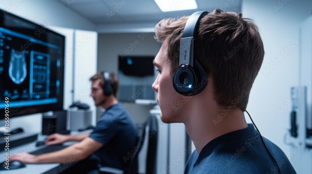 A man with brown hair wears headphones while sitting at a computer. The computer screen is displaying a blue and white interface. A man with brown hair wears headphones while sitting at a computer. The computer screen is displaying a blue and white interface.