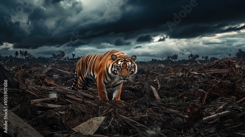 Solitary tiger among debris, dark sky above, embodying the stark clash of wildlife and environmental degradation photo