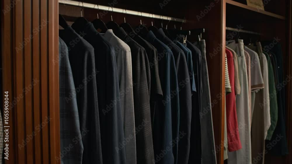No people shot of assorted shirts and jackets hanging in wooden closet for sale in mens clothing store No people shot of assorted shirts and jackets hanging in wooden closet for sale in mens clothing store