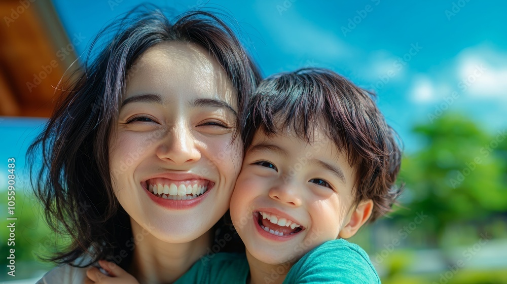 A mother and her young son smile brightly at the camera, their joy radiating through the image.