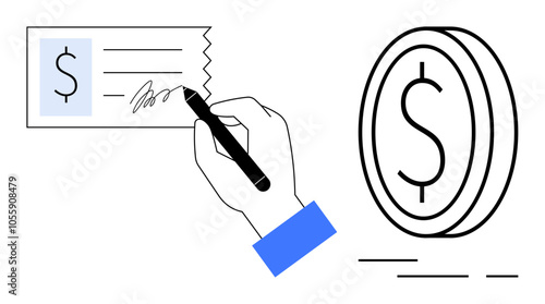 Hand holding a pen is signing a check beside a large dollar coin symbol. Ideal for financial services, banking, business transactions, payroll, accounting, money management, online payments. Banner