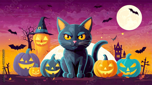 Halloween illustration, vibrant orange background, cartoon style, black cat, vampire, ghost, mummy, jack-o'-lantern, witch's broom, candy, bats, spider web, cauldron, skull, bone, crescent moon, potio