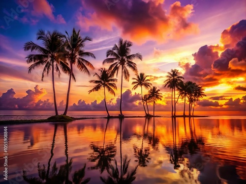 Palm Trees Silhouetted Against Evening Light Over Ocean Landscape - Serene Tropical Sunset