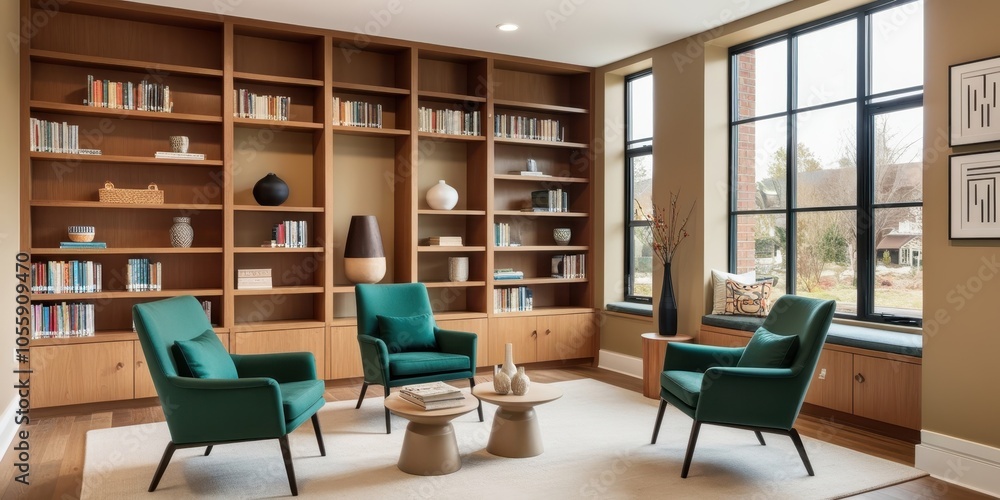 Modern home library, warm wood tones, floor-to-ceiling bookshelves, large windows, natural light, green velvet armchairs, round coffee table, minimalist desk, cozy reading nook, mid-century modern aes Modern home library, warm wood tones, floor-to-ceiling bookshelves, large windows, natural light, green velvet armchairs, round coffee table, minimalist desk, cozy reading nook, mid-century modern aes