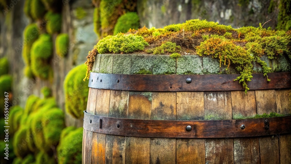 Old wooden wine barrel with moss and lichen growth on the surface, forest, wooden structure, wild life, forest floor Old wooden wine barrel with moss and lichen growth on the surface, forest, wooden structure, wild life, forest floor