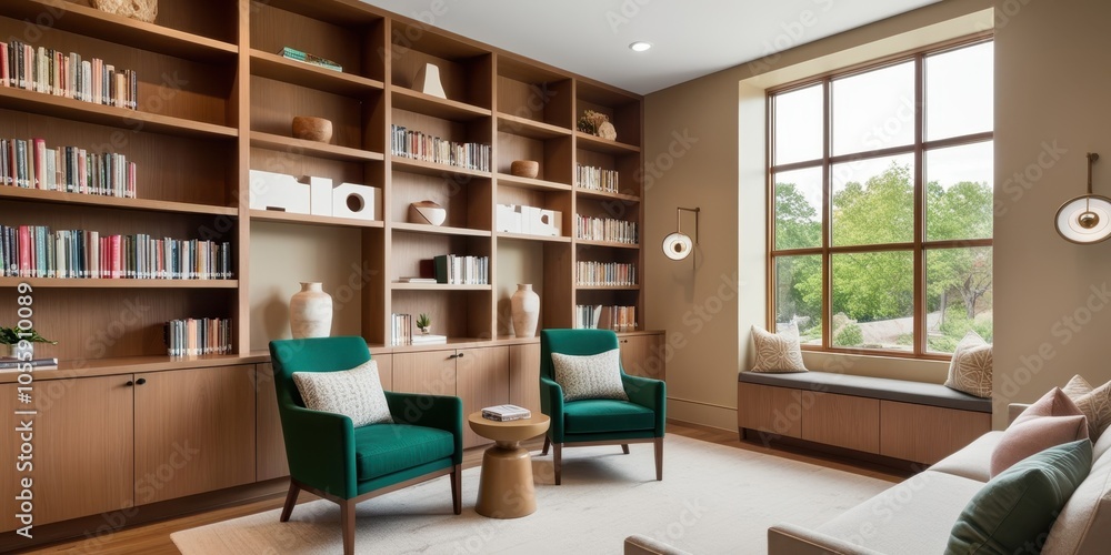 Modern home library, warm wood tones, floor-to-ceiling bookshelves, large windows, natural light, green velvet armchairs, round coffee table, minimalist desk, cozy reading nook, mid-century modern aes Modern home library, warm wood tones, floor-to-ceiling bookshelves, large windows, natural light, green velvet armchairs, round coffee table, minimalist desk, cozy reading nook, mid-century modern aes