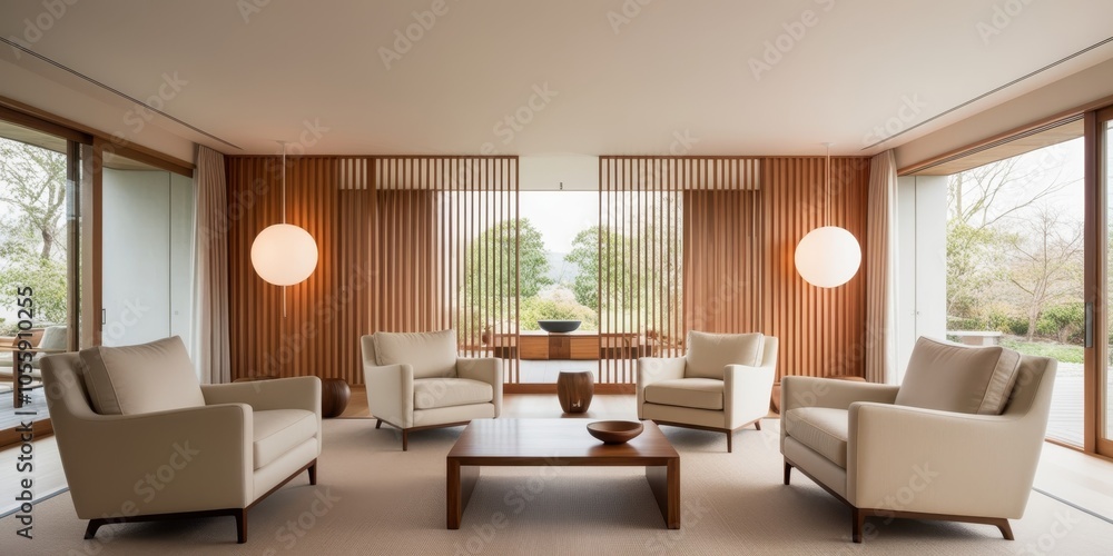 Fototapeta premium Modern minimalist living room, warm beige tones, vertical wood slat wall, sleek furniture, round pendant lights, large windows, natural light, coffee table, armchairs, cozy atmosphere, contemporary de