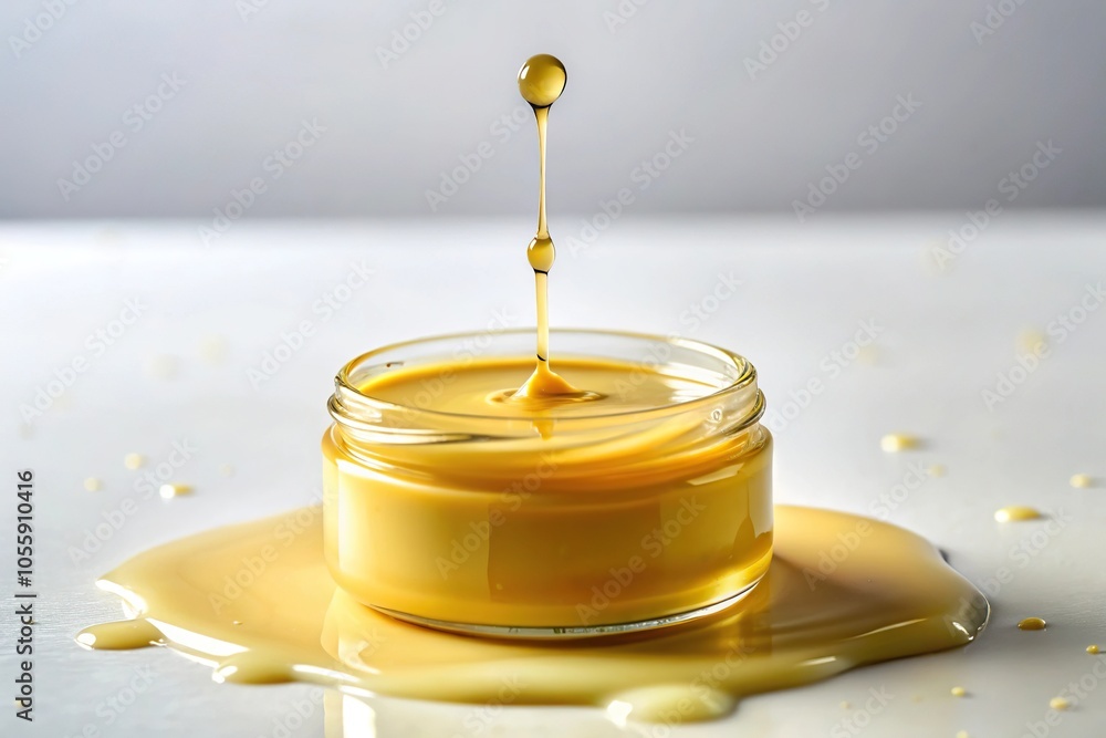 Opaque yellowish liquid drips from a small container onto a pristine white surface, with tiny brown specks suspended within, white background, fluid dynamics, droplet formation, dripping, slime Opaque yellowish liquid drips from a small container onto a pristine white surface, with tiny brown specks suspended within, white background, fluid dynamics, droplet formation, dripping, slime