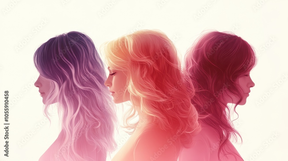 Three women with beautifully styled ombre hair in different shades, standing side by side against a plain background. Three women with beautifully styled ombre hair in different shades, standing side by side against a plain background.