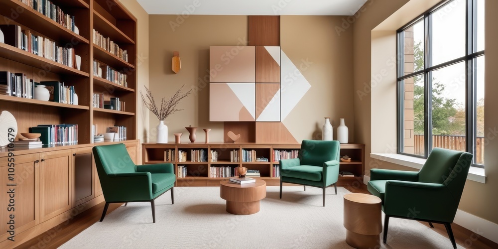 Modern home library, warm wood tones, floor-to-ceiling bookshelves, large windows, natural light, green velvet armchairs, round coffee table, minimalist desk, cozy reading nook, mid-century modern aes Modern home library, warm wood tones, floor-to-ceiling bookshelves, large windows, natural light, green velvet armchairs, round coffee table, minimalist desk, cozy reading nook, mid-century modern aes