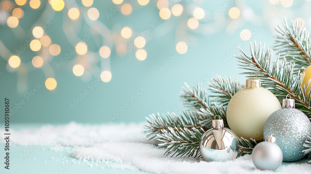Festive Christmas ornaments with pine branches and snow on a mint background, capturing a cozy holiday atmosphere Festive Christmas ornaments with pine branches and snow on a mint background, capturing a cozy holiday atmosphere