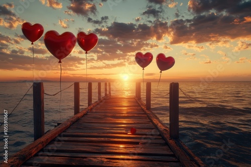 Romantic Sunset with Heart Balloons on a Pier