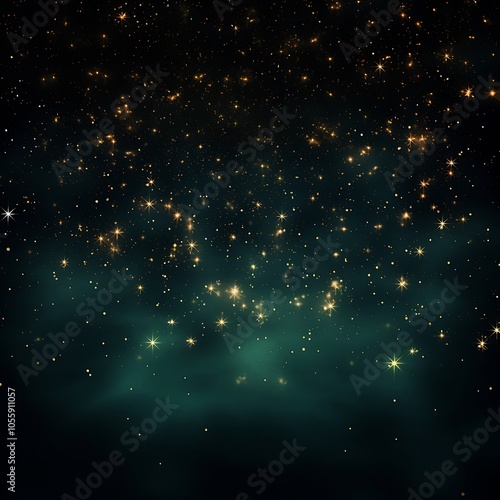 A dreamy night sky with a scattering of twinkling stars in a deep green and black backdrop.