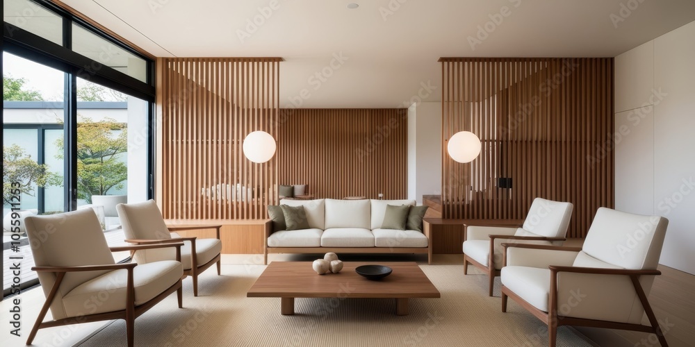 Modern minimalist living room, warm beige tones, vertical wood slat wall, sleek furniture, round pendant lights, large windows, natural light, coffee table, armchairs, cozy atmosphere, contemporary de Modern minimalist living room, warm beige tones, vertical wood slat wall, sleek furniture, round pendant lights, large windows, natural light, coffee table, armchairs, cozy atmosphere, contemporary de