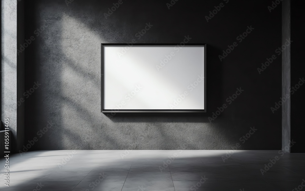 Sleek dark gallery wall featuring a blank rectangular frame under a bright spotlight, ready for art or design presentations Sleek dark gallery wall featuring a blank rectangular frame under a bright spotlight, ready for art or design presentations