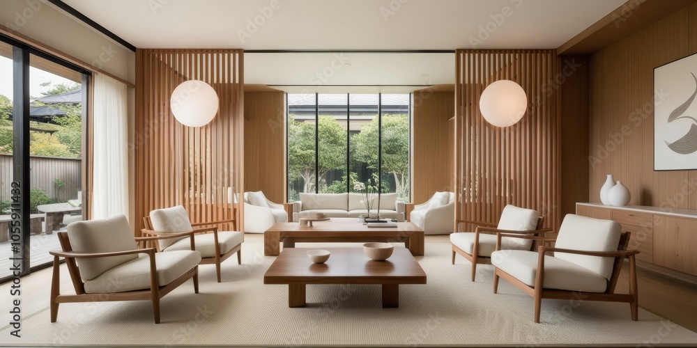 Fototapeta premium Modern minimalist living room, warm beige tones, vertical wood slat wall, sleek furniture, round pendant lights, large windows, natural light, coffee table, armchairs, cozy atmosphere, contemporary de