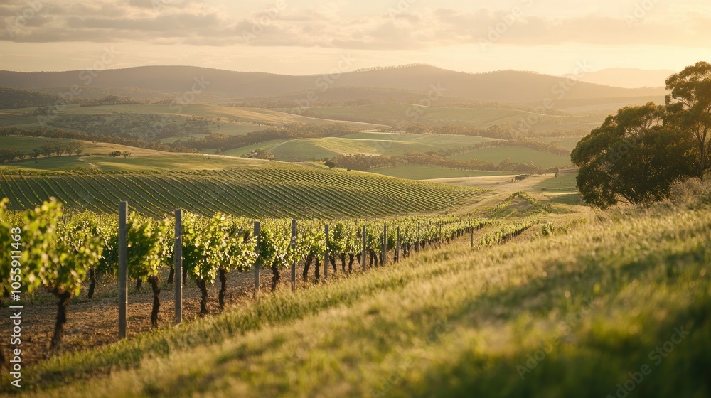 Obraz premium Rolling Hills Vineyard Landscape at Sunset