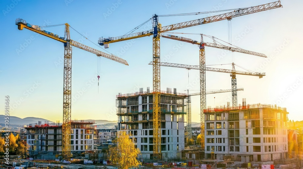 Construction Site with Cranes and Partially Built High-Rise Buildings