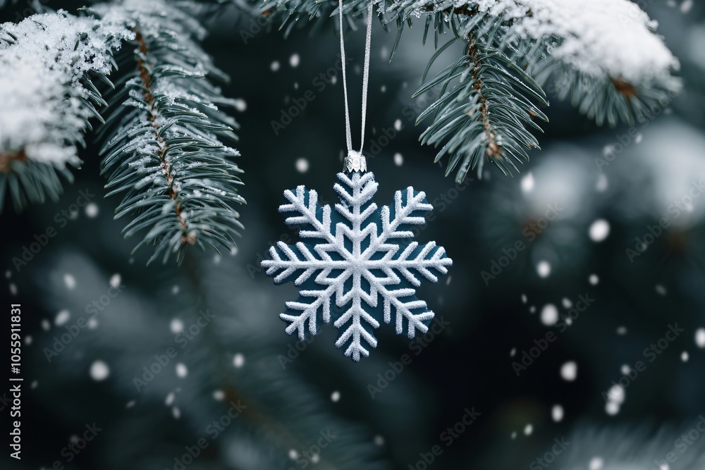 Snowflake hanging on fir tree on blurred bokeh background. Christmas and New Year celebration. Winter holiday decoration. Template for greeting card, banner, poster with copy space Snowflake hanging on fir tree on blurred bokeh background. Christmas and New Year celebration. Winter holiday decoration. Template for greeting card, banner, poster with copy space