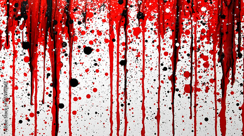 Abstract red and black paint drips on a white background