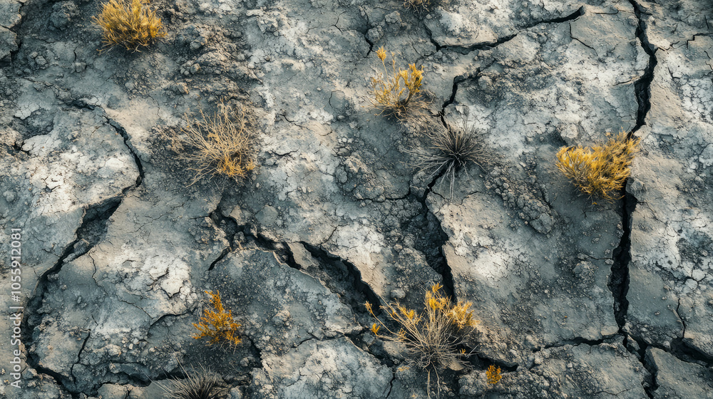 Close-up view of cracked earth with small plants struggling to grow between the fissures, showcasing the resilience of nature in harsh conditions Close-up view of cracked earth with small plants struggling to grow between the fissures, showcasing the resilience of nature in harsh conditions