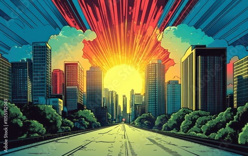 comic book style cartoon illustration of cityscape with sun and clouds in the sky