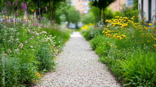 An urban wildlife corridor with native plants lining a pathway between buildings, showing how cities are accommodating animals in their environments photo