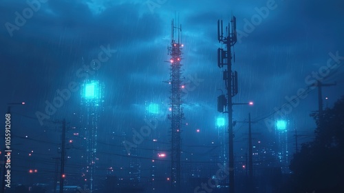 Telecommunication cell tower with multiple antenna, glowing blue digital