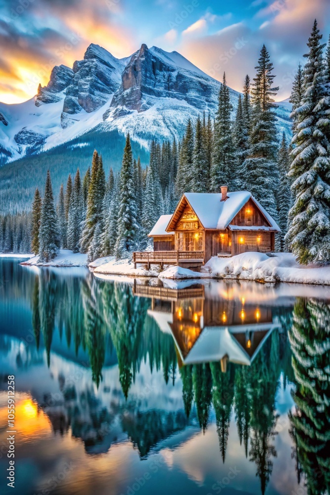 Beautiful view of Lake with snow covered and wooden lodge glowing in rocky mountains and pine forest on winter Beautiful view of Lake with snow covered and wooden lodge glowing in rocky mountains and pine forest on winter