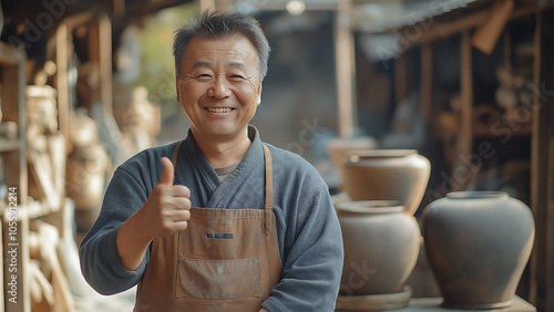 Asian man, ceramic artist, copy space, smiling and giving a thumbs up photo