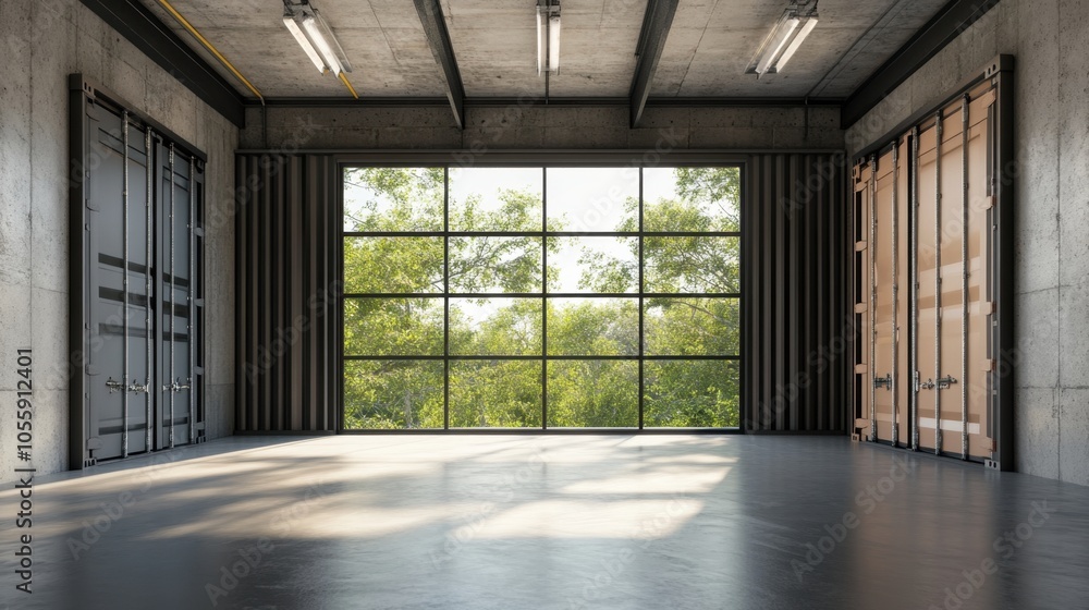Warehouse interior with single container, emphasizing modern industrial openness and storage simplicity Warehouse interior with single container, emphasizing modern industrial openness and storage simplicity