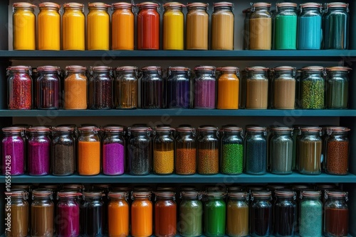 Colorful Jars of Spices on Display in a Pantry