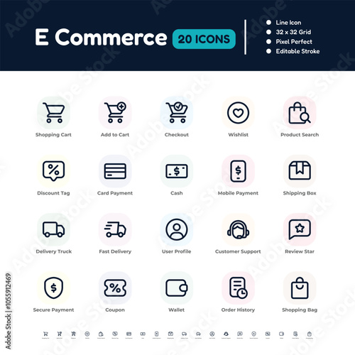  E-Commerce Line Icon Set – Pixel Perfect Editable Stroke Vector Design