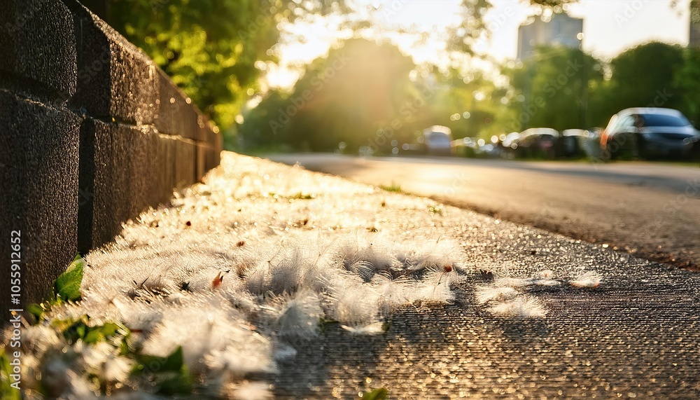 Fototapeta premium Poplar fluff on the asphalt in the sunlight