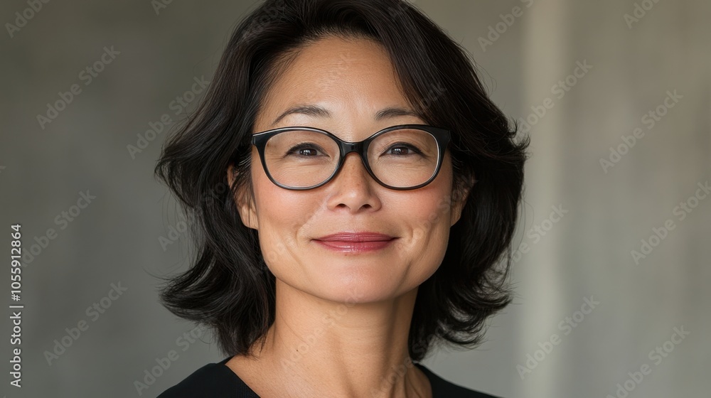 室内で明るく笑っている眼鏡をかけた陽気な日本人女性 室内で明るく笑っている眼鏡をかけた陽気な日本人女性