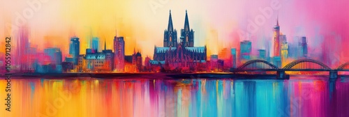 Vibrant Cityscape with Iconic Cathedral and Bridge Reflecting in Water