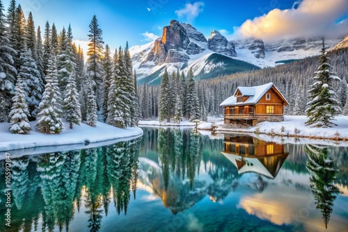 Beautiful view of Lake with snow covered and wooden lodge glowing in rocky mountains and pine forest on winter