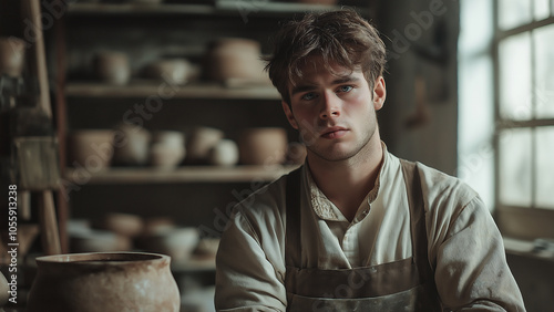 White man, ceramic artist, copy space, looking at the subject with a serious or sad expression photo