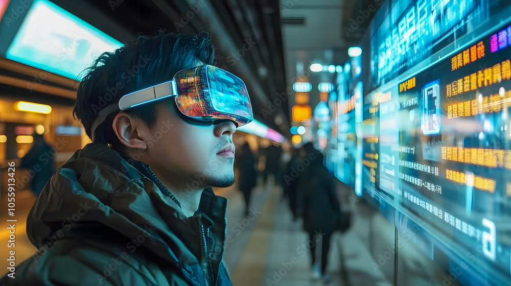 Person Using Virtual Reality Headset in Urban Setting Person Using Virtual Reality Headset in Urban Setting