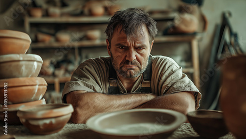 White man, ceramic artist, copy space, angry photo