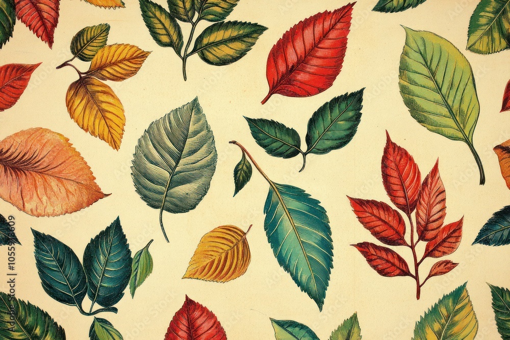 Fototapeta premium Colorful Leaves Pattern on Vintage Background