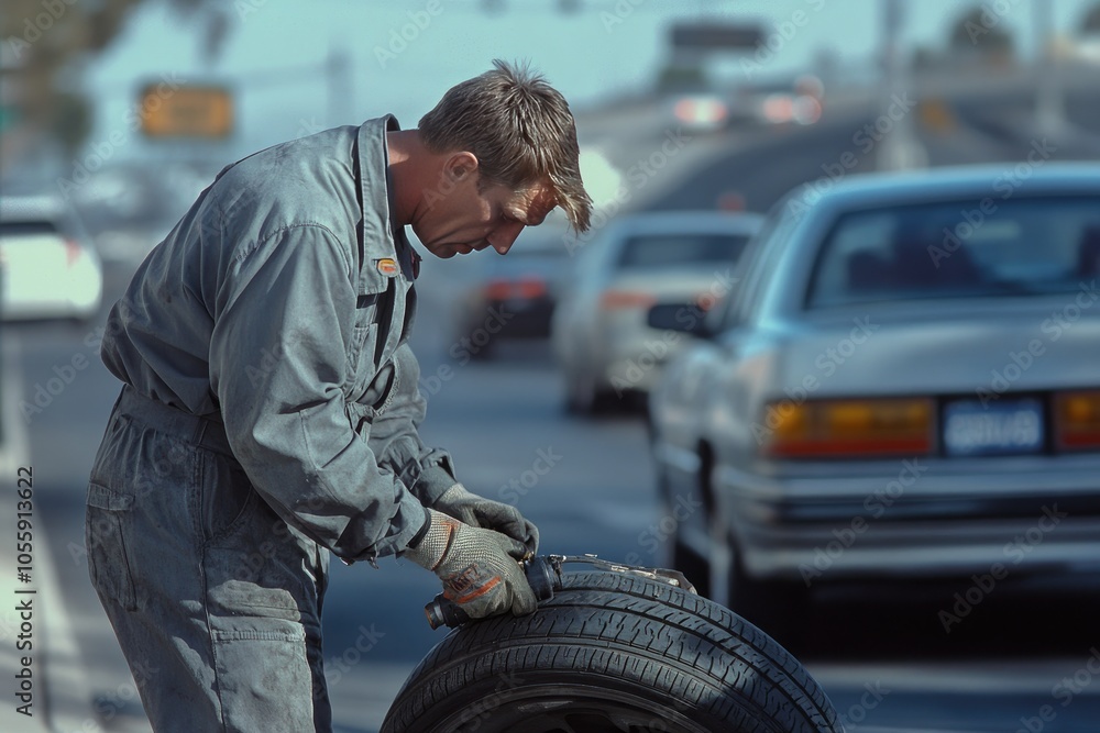 Fototapeta premium A mechanic changes the flat tire of a car on the highway. a man changing a wheel. Tire changing tire repair car service shop background banner