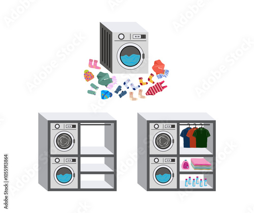 Laundry illustration. Hard to remove stains on clothes. Washing machine laundry, equipment, housework, dry clean self service. Isolated on white background.
