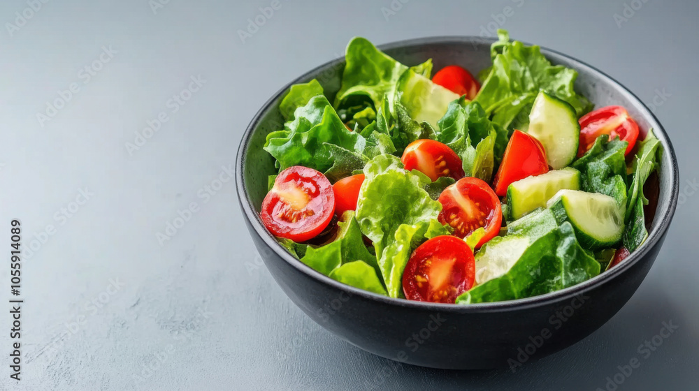 Fresh salad with leafy greens, tomatoes, and cucumbers in bowl, showcasing vibrant colors and healthy ingredients. Perfect for nutritious meal or snack Fresh salad with leafy greens, tomatoes, and cucumbers in bowl, showcasing vibrant colors and healthy ingredients. Perfect for nutritious meal or snack